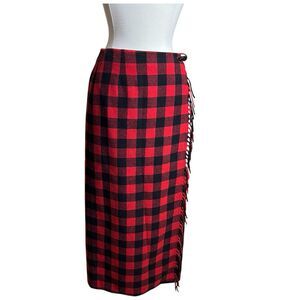 VTG Liz Claiborne Wrap Skirt Womens 2 Petite Black Red Wool Buffalo Plaid Fringe